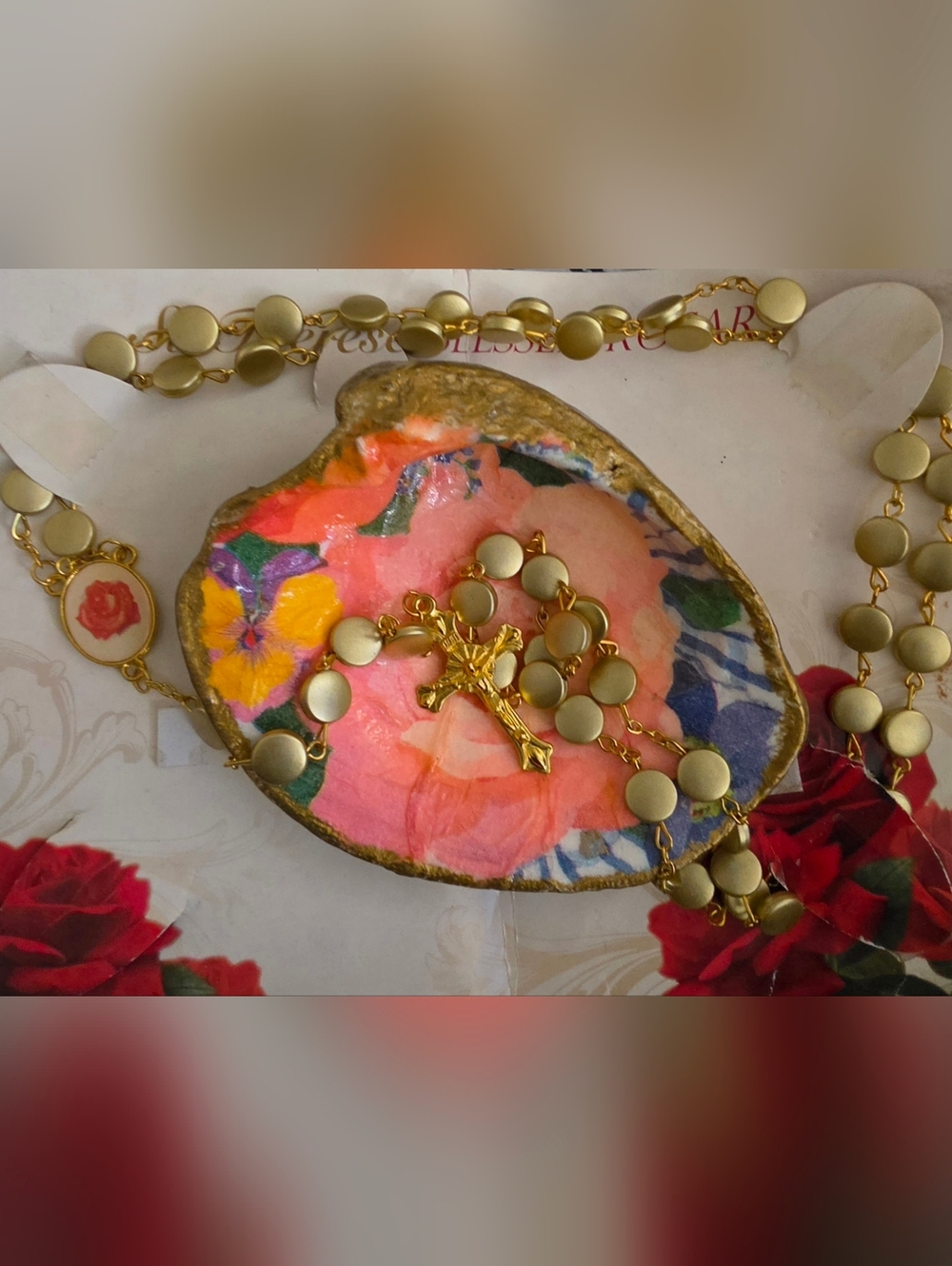 Rosary With Hand Painted Rose Shell